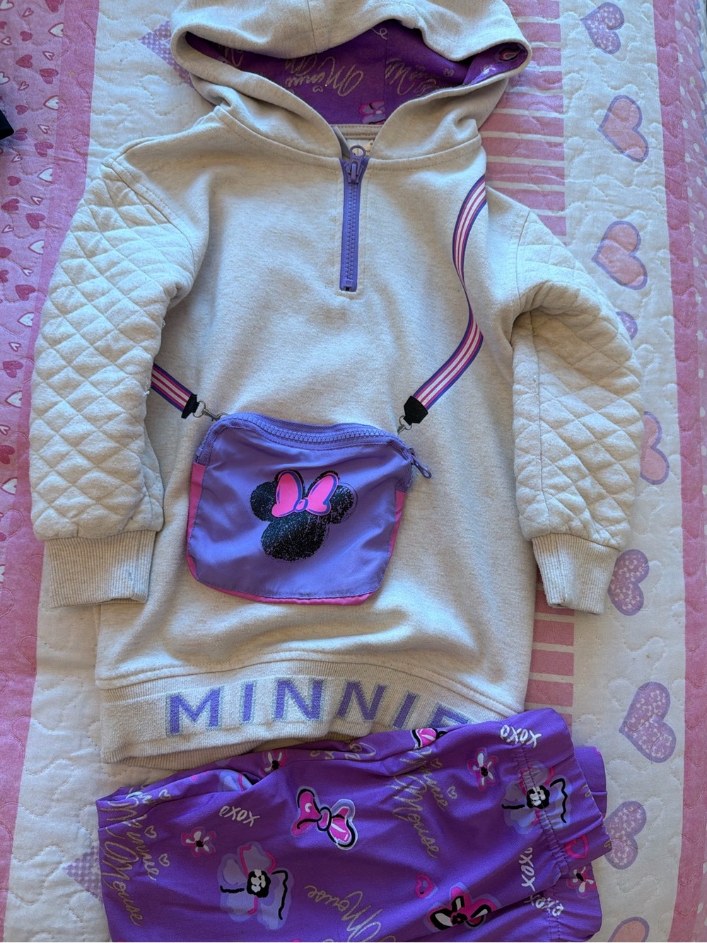 Disney Cream & Purple Minnie Hooded Pajama Set